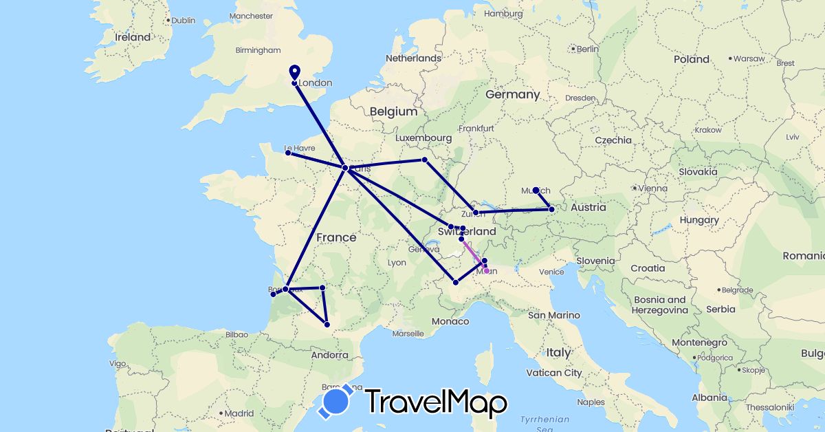 TravelMap itinerary: driving, train in Austria, Switzerland, Germany, France, United Kingdom, Italy (Europe)